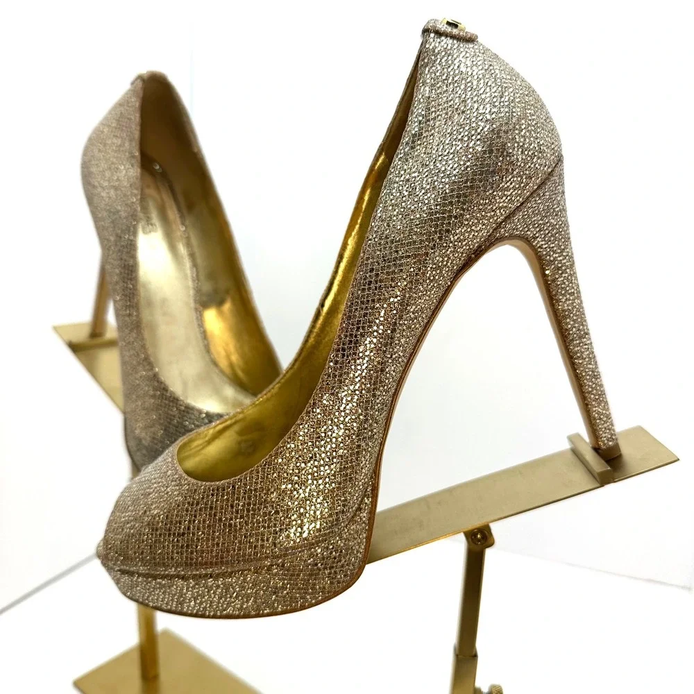 Michael Kors Gold Glitter Peep Toe Platform Pumps Stiletto Heels‎ Womens 9M